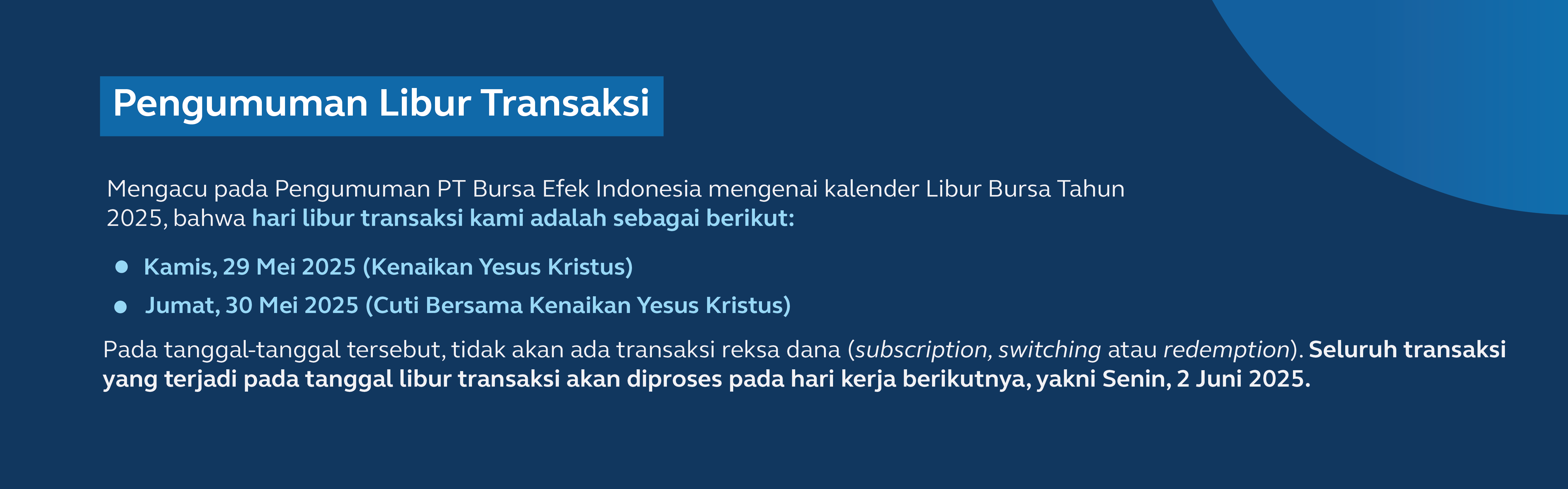 Trading Holiday Announcement - Peringatan Kematian Yesus 